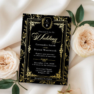 Invitación Con Relieve Metalizado Monogram Crest Antique Black Gold Frame Wedding