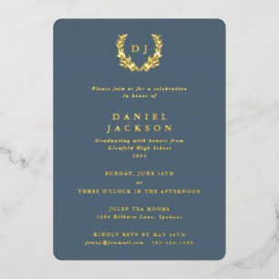 Invitación Con Relieve Metalizado Monograma azul-gris + Graduación de la corona laur