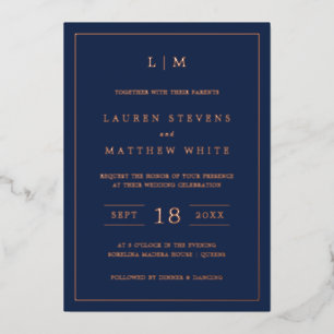 Invitación Con Relieve Metalizado Monograma Azul Marino Simple Elegante Boda