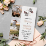 Invitación Con Relieve Metalizado Monograma blanco borgoñoso Fotos Boda Relieve meta<br><div class="desc">Invitación a una boda fotográfica en blanco, burdeos y oro rosa personalizada con tres fotos y tus iniciales enmarcadas por pequeñas flores blancas en un lado, y otra foto en la parte posterior. Invitación informal a una boda de Relieve metalizado de oro en blanco con un monograma floral con flores...</div>