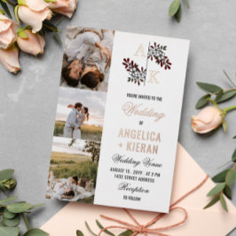 Invitación Con Relieve Metalizado Monograma blanco borgoñoso Fotos Boda Relieve meta
