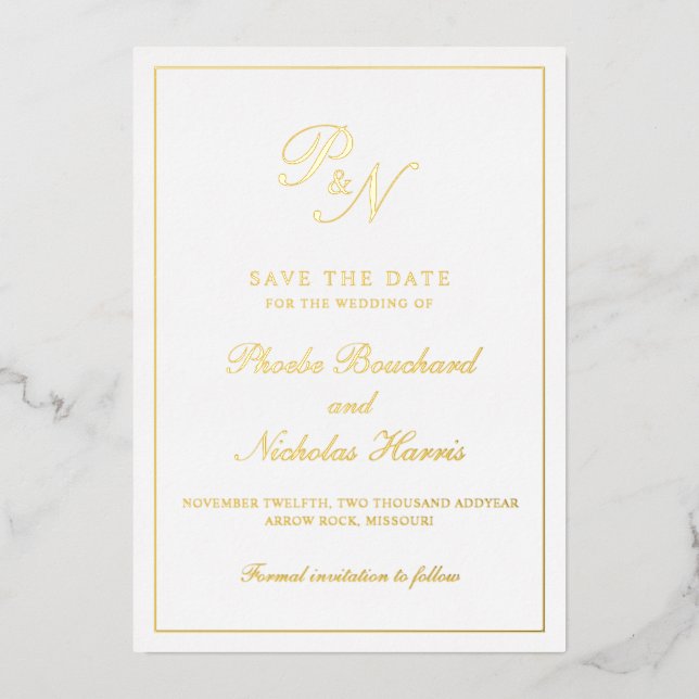 Invitación Con Relieve Metalizado Monograma Boda formal Elegante Guardar la fecha (Anverso)