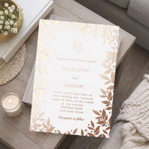Invitación Con Relieve Metalizado Monograma botánico de oro rosa boda de lujo