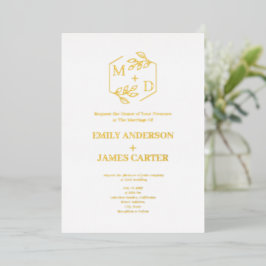 Invitación Con Relieve Metalizado Monograma Botánico Mínimo de Boda en Dorado