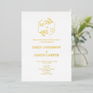 Invitación Con Relieve Metalizado Monograma Botánico Mínimo de Boda en Dorado