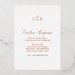 Invitación Con Relieve Metalizado Monograma Botánico Simple Boda Boho Rosa Dorado