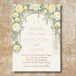 Invitación Con Relieve Metalizado Monograma Crema Amarillo Boda de arco floral