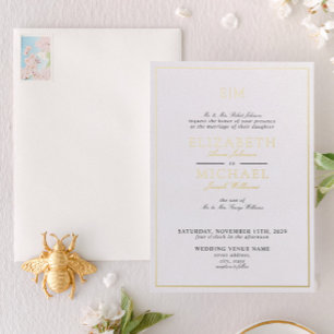 Invitación Con Relieve Metalizado Monograma de Bodas con Guión Clásico Negro y Hoja