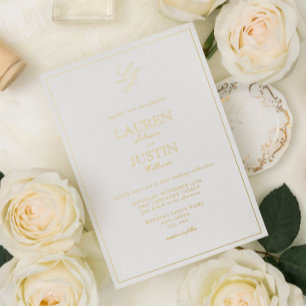 Invitación Con Relieve Metalizado Monograma de Caligrafía Clásica Boda Oro