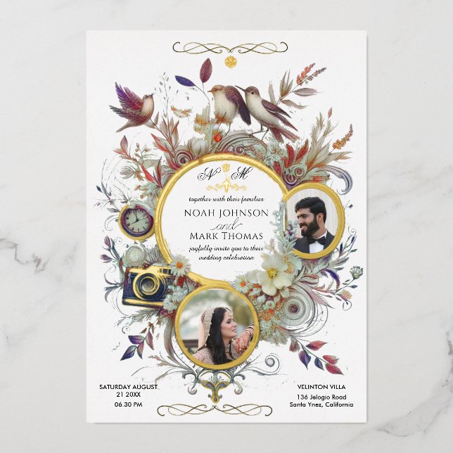 Invitación Con Relieve Metalizado Monograma de caligrafía romántica Boda fotográfico (Anverso)