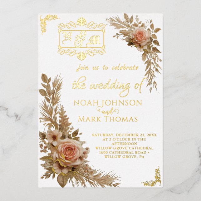 Invitación Con Relieve Metalizado Monograma de caligrafía romántica Boda fotográfico (Anverso)