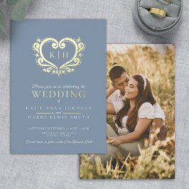 Invitación Con Relieve Metalizado Monograma de corazón dorado azul gris boda foto