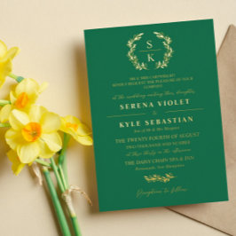 Invitación Con Relieve Metalizado Monograma de Corona de Laurel de Tipografía Elegan
