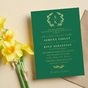 Invitación Con Relieve Metalizado Monograma de Corona de Laurel de Tipografía Elegan