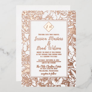 Invitación Con Relieve Metalizado Monograma de cosecha   Boda floral White Rose Gold