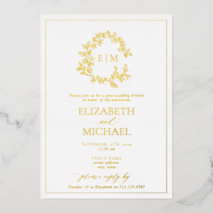 Invitación Con Relieve Metalizado Monograma de cresta frondosa para brunch post boda