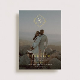 Invitación Con Relieve Metalizado Monograma de diamantes y Boda de fotografías