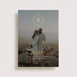 Invitación Con Relieve Metalizado Monograma de diamantes y Boda de fotografías