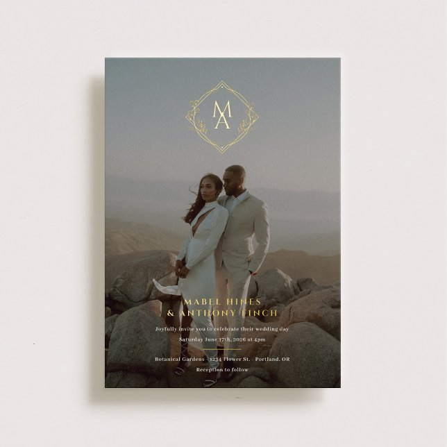 Invitación Con Relieve Metalizado Monograma de diamantes y Boda de fotografías (Subido por el creador)