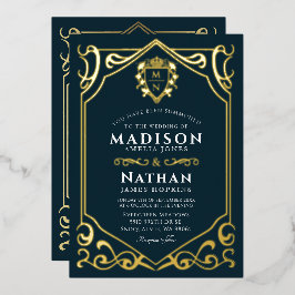 Invitación Con Relieve Metalizado Monograma de fantasía medieval real Boda