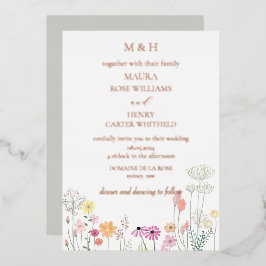 Invitación Con Relieve Metalizado Monograma de flores silvestres de primavera colori