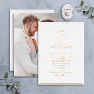 Invitación Con Relieve Metalizado Monograma de Fotografía en Caligrafía Elegante Dor