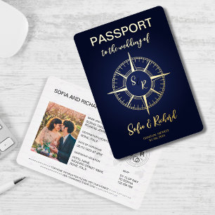 Invitación Con Relieve Metalizado Monograma de la brújula de oro de destino del Boda
