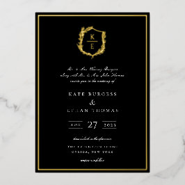 Invitación Con Relieve Metalizado Monograma de la Cresta Botánica Boda
