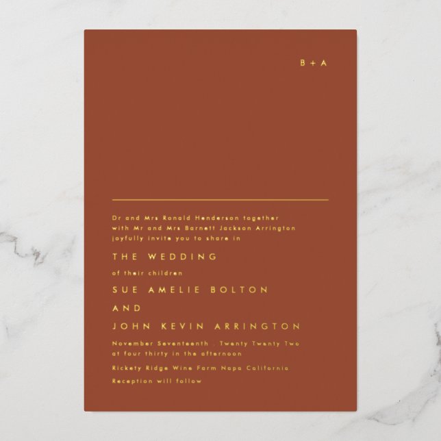 Invitación Con Relieve Metalizado Monograma de oro simple y elegante | Desierto de T (Anverso)