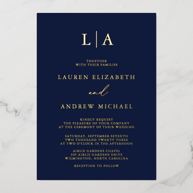 Invitación Con Relieve Metalizado Monograma de Relieve metalizado dorado naval Boda  (Anverso)