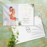 Invitación Con Relieve Metalizado Monograma de vegetación rústica Boda de fotografía<br><div class="desc">Este elegante Relieve metalizado dorado botánico deja la invitación a la boda se puede personalizar con tu foto especial y detalles de celebración establecidos en la tipografía de la moda con tus iniciales de monograma al revés. Diseñado por Thisisnotme©</div>