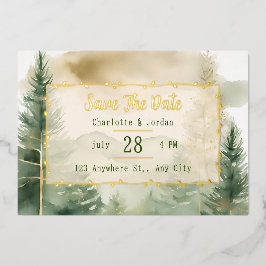 Invitación Con Relieve Metalizado Monograma del bosque de Pinos de Invierno Guardar 