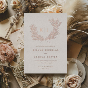Invitación Con Relieve Metalizado Monograma Destacado Rosa de Oro de Boda