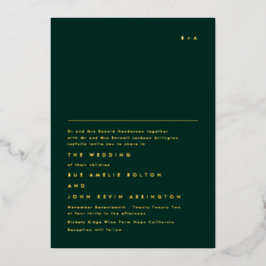 Invitación Con Relieve Metalizado Monograma Dorado Simple y Elegante | Verde Esmeral