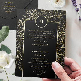 Invitación Con Relieve Metalizado Monograma editable esmoquin negro boda corona de o