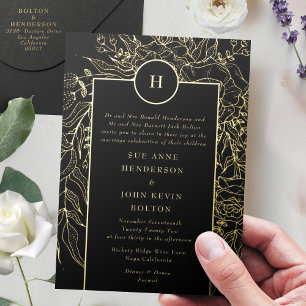 Invitación Con Relieve Metalizado Monograma editable esmoquin negro boda corona de o