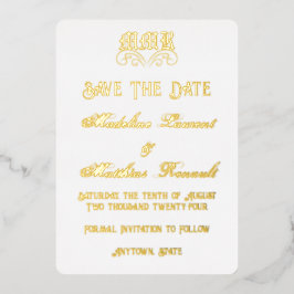 Invitación Con Relieve Metalizado Monograma Elegante Blanco y Dorado Guarde la Fecha