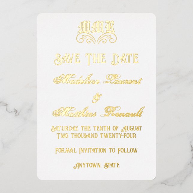 Invitación Con Relieve Metalizado Monograma elegante blanco y oro Salven la fecha (Anverso)