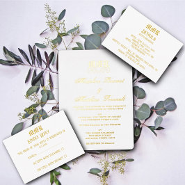 Invitación Con Relieve Metalizado Monograma elegante Boda blanco y oro