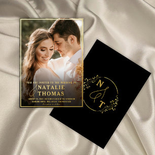 Invitación Con Relieve Metalizado Monograma elegante Boda de fotografías de oro negr
