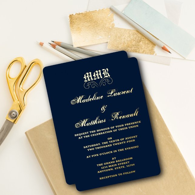Invitación Con Relieve Metalizado Monograma elegante Boda de la Marina Azul y Oro (Subido por el creador)