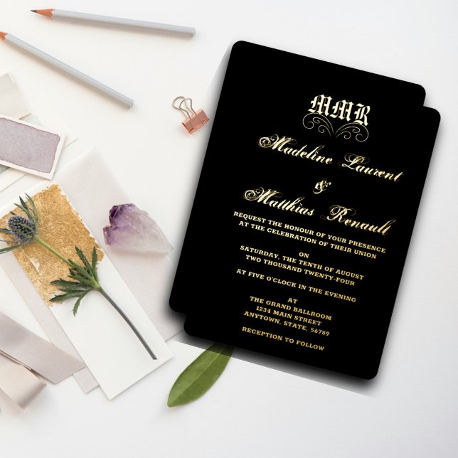Invitación Con Relieve Metalizado Monograma elegante Boda negro y oro (Subido por el creador)