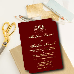 Invitación Con Relieve Metalizado Monograma elegante Boda rojo y oro