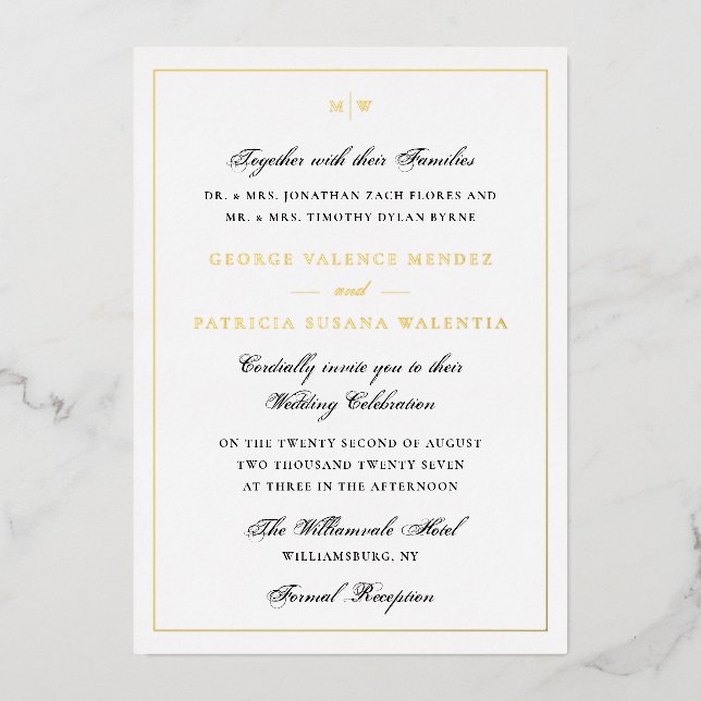 Invitación Con Relieve Metalizado Monograma elegante enmarcado Boda blanco negro (Anverso)