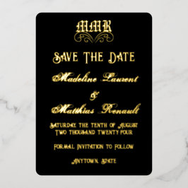 Invitación Con Relieve Metalizado Monograma elegante negro y oro Salven la fecha