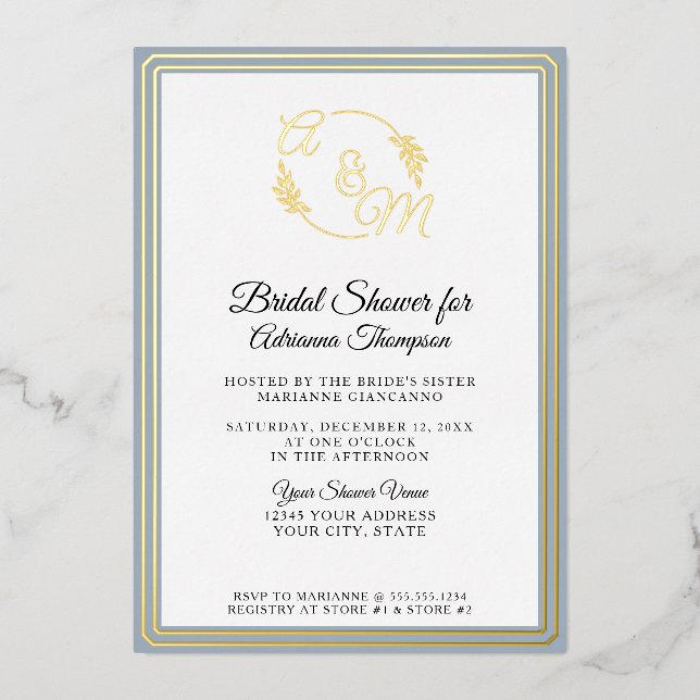 Invitación Con Relieve Metalizado Monograma elegante simple azul y ducha de novia do (Anverso)