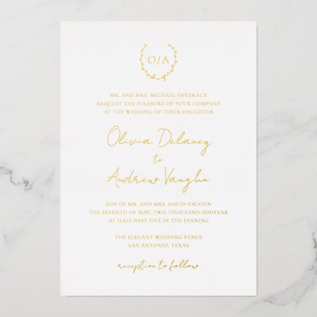 Invitación Con Relieve Metalizado Monograma Elegante Todo En Un Oro Boda (Anverso)
