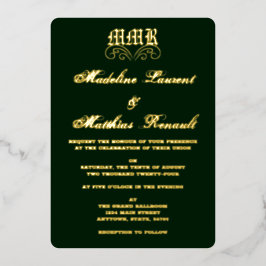 Invitación Con Relieve Metalizado Monograma elegante verde oscuro y Boda dorado
