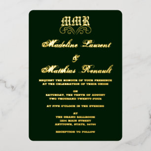 Invitación Con Relieve Metalizado Monograma elegante verde oscuro y Boda dorado