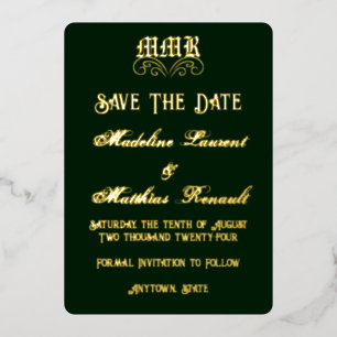 Invitación Con Relieve Metalizado Monograma Elegante Verde Oscuro y Dorado Save the